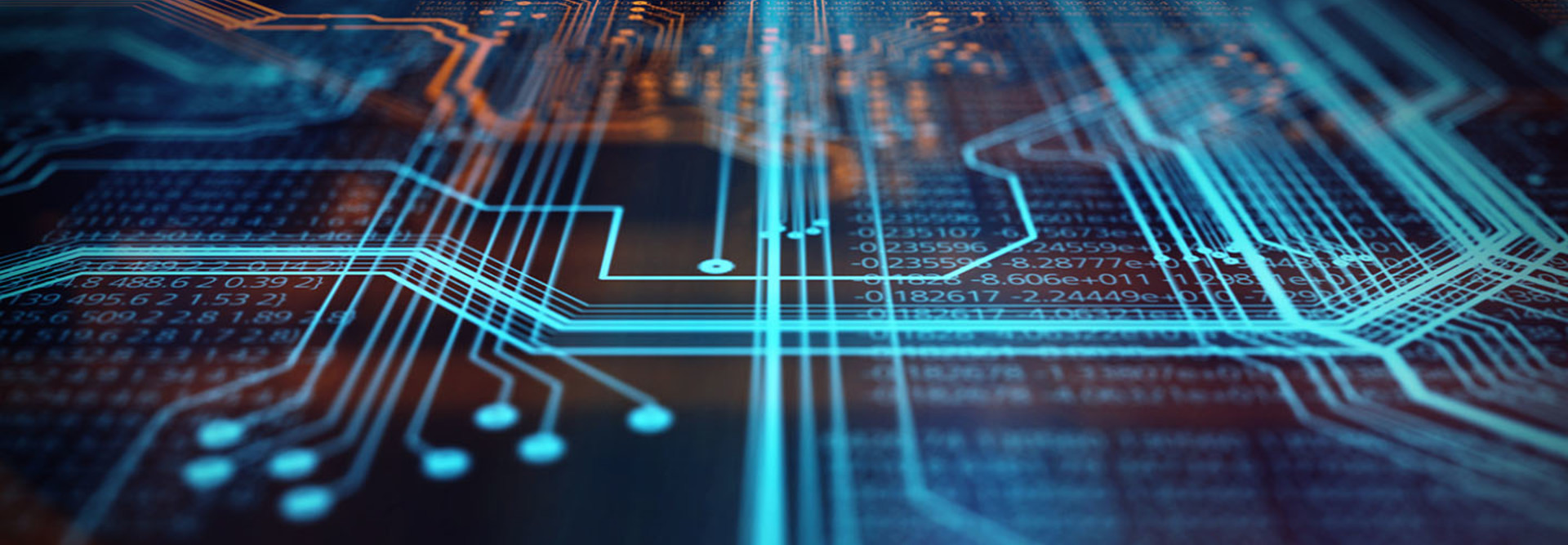 Orange and blue technology background circuit board and code. 3d Illustration