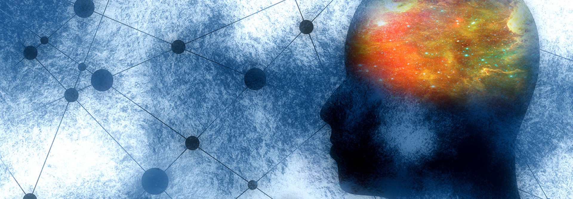 Silhouette of a man's head against blue background with connected dots