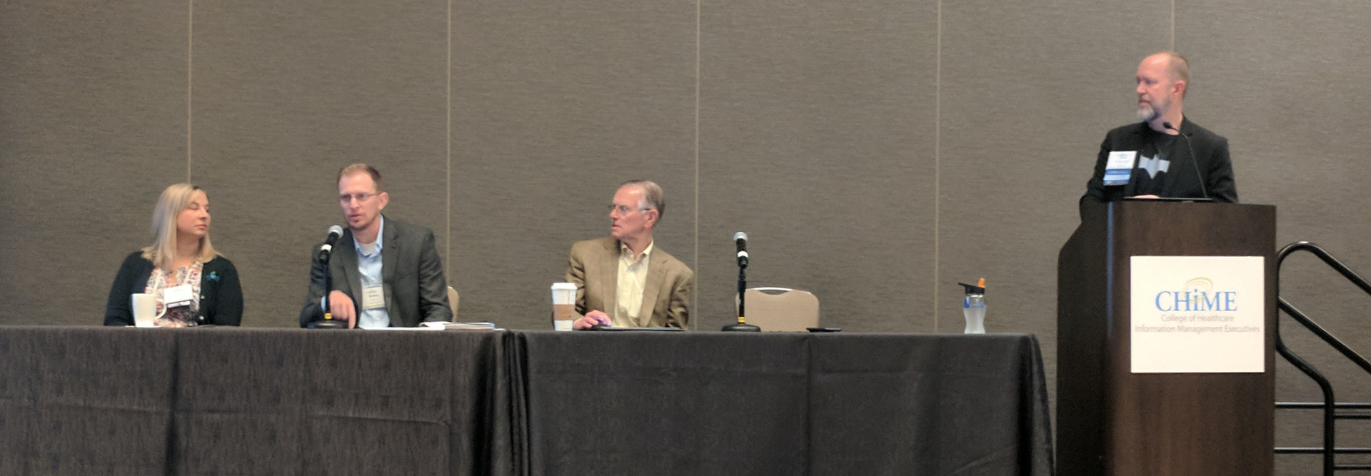 Michelle Patterson, Director, CHIME; Bobby Low, Customer Insights Strategy and Analysis, KLAS Research; Bill Spooner, Chair, Most Wired Governing Board; and  Drex DeFord, Member, Most Wired Governing Board.