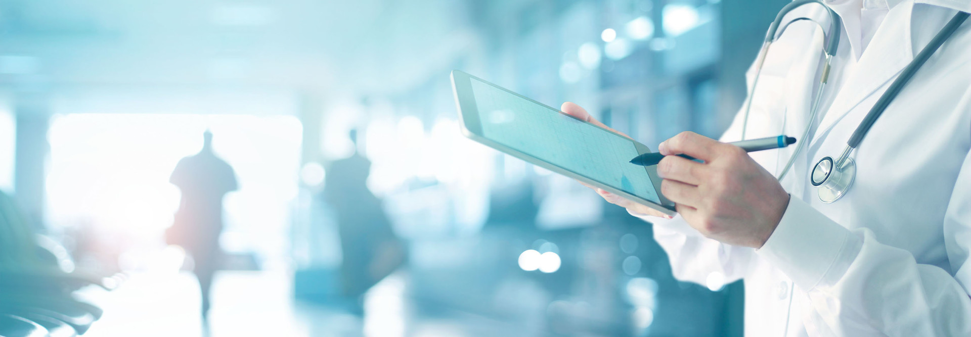 Medicine doctor and stethoscope touching medical information network connection interface on digital tablet in hospital background. Medical data and technology network concept