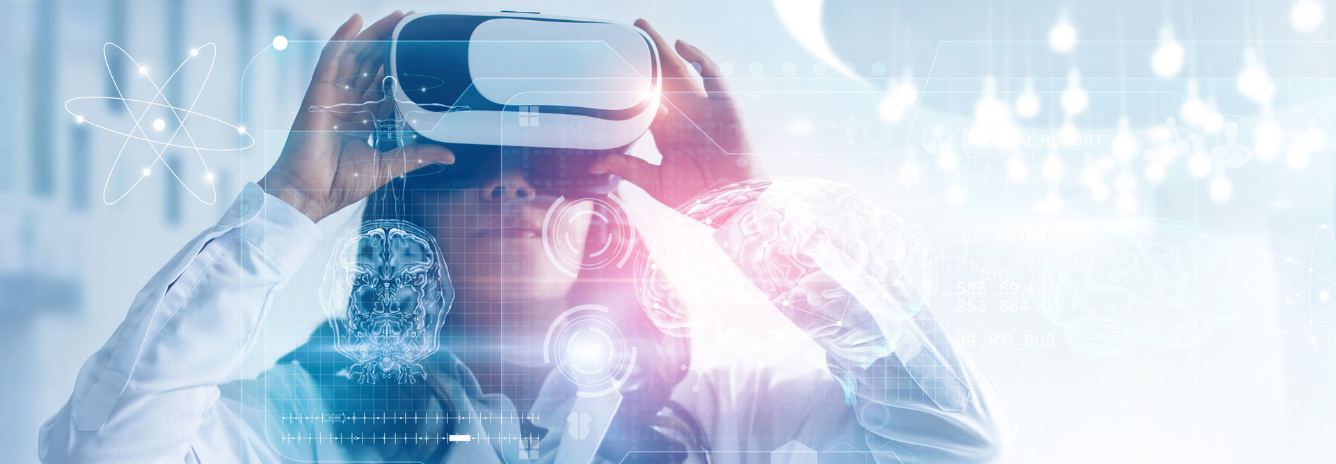 Medical technology concept. Mixed media. Female doctor wearing virtual reality glasses. Checking brain testing result with simulator interface, Innovative technology in science and medicine.