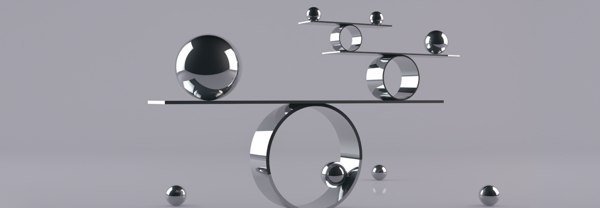 Reflective balls balancing on metal shelves. Balancing concept