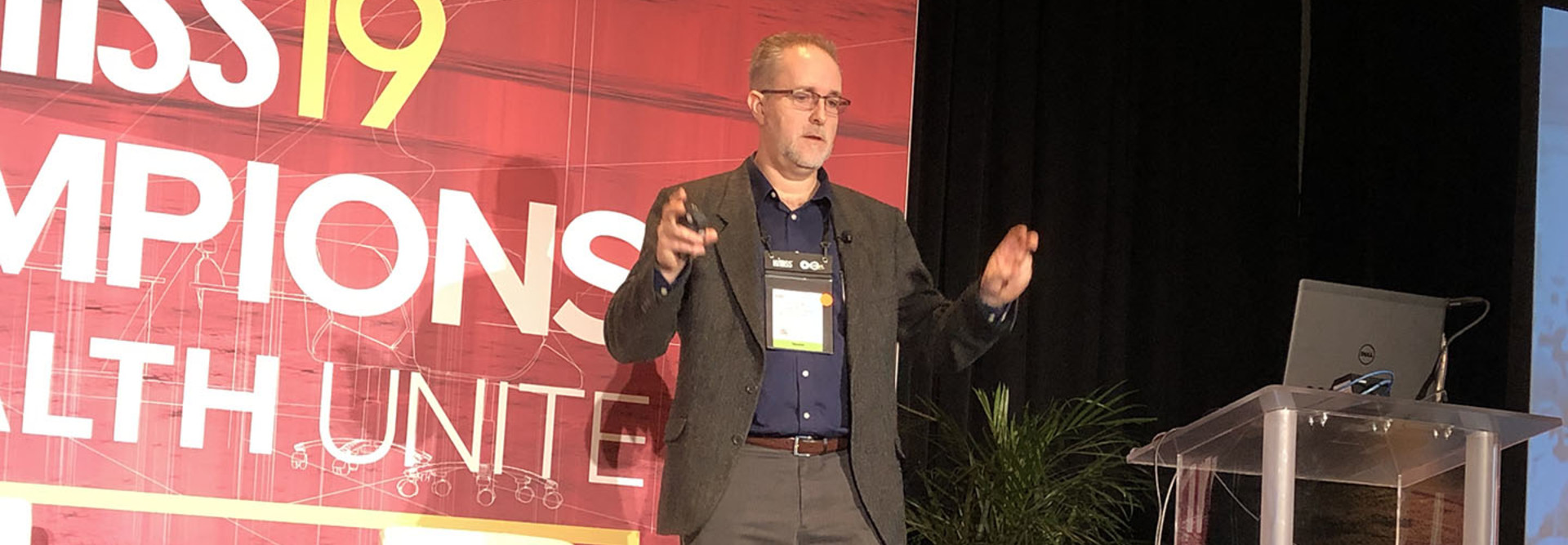 David Houlding speaks about blockchain at the HIMSS 2019 conference in Orlando, Fla.