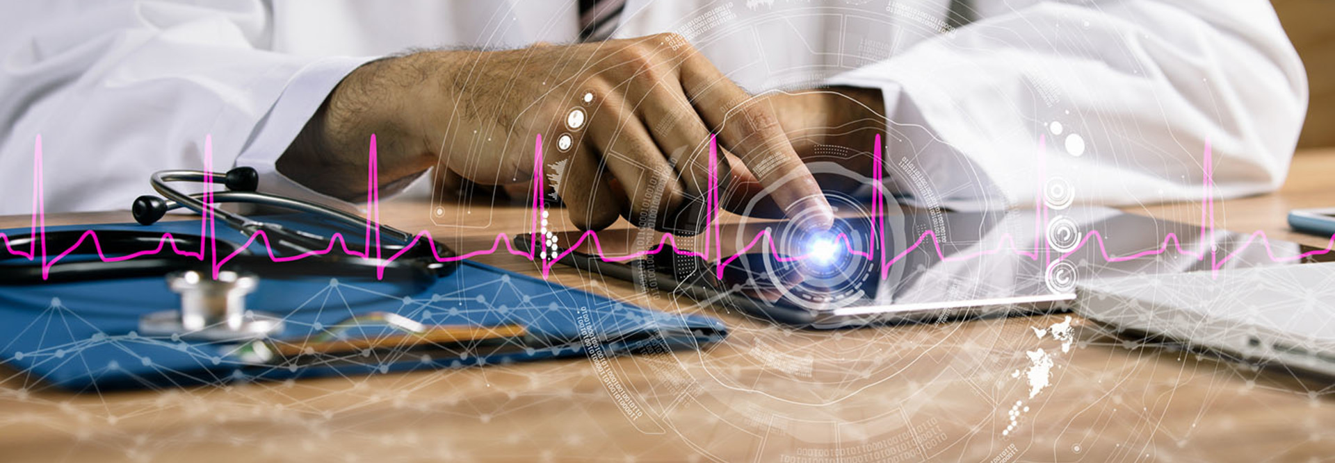 medical technology concept. doctor pointing tablet pc screen.