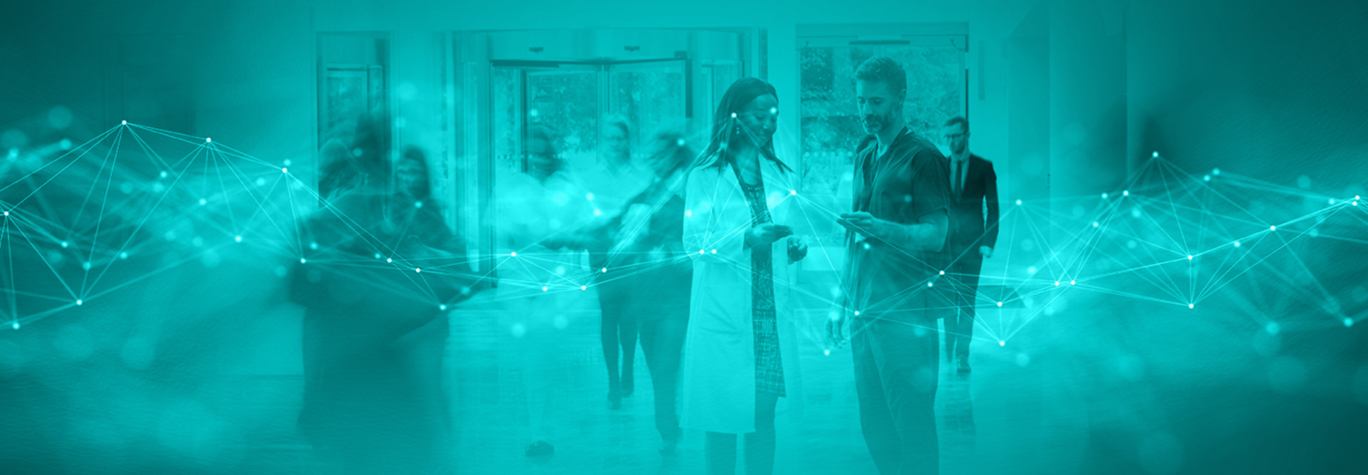 people in a hospital with blue network overlay