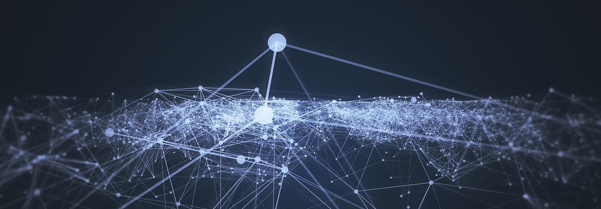 Digital network abstract, gray dots connected by multiple lines on a black background