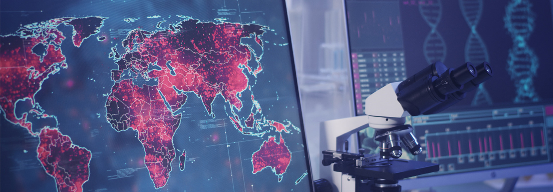 Vaccine Supply Chain. Futuristic laboratory. High infectivity level on world map. Scanning DNA mutations.