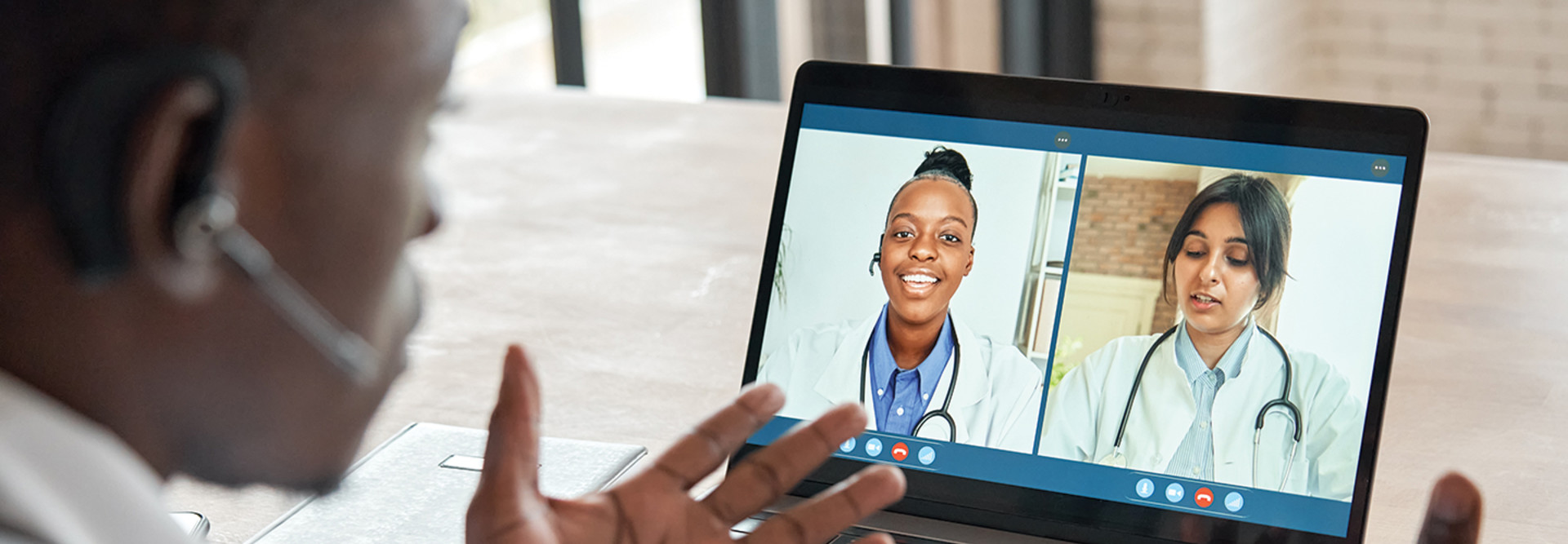 Multicultural doctors team conferencing in video call chat discussing health care.