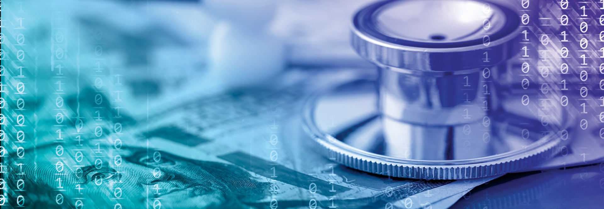 binary code over image of stethoscope and money