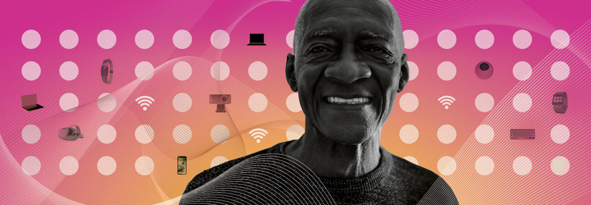 silhouette of older adult against colorful background with technology