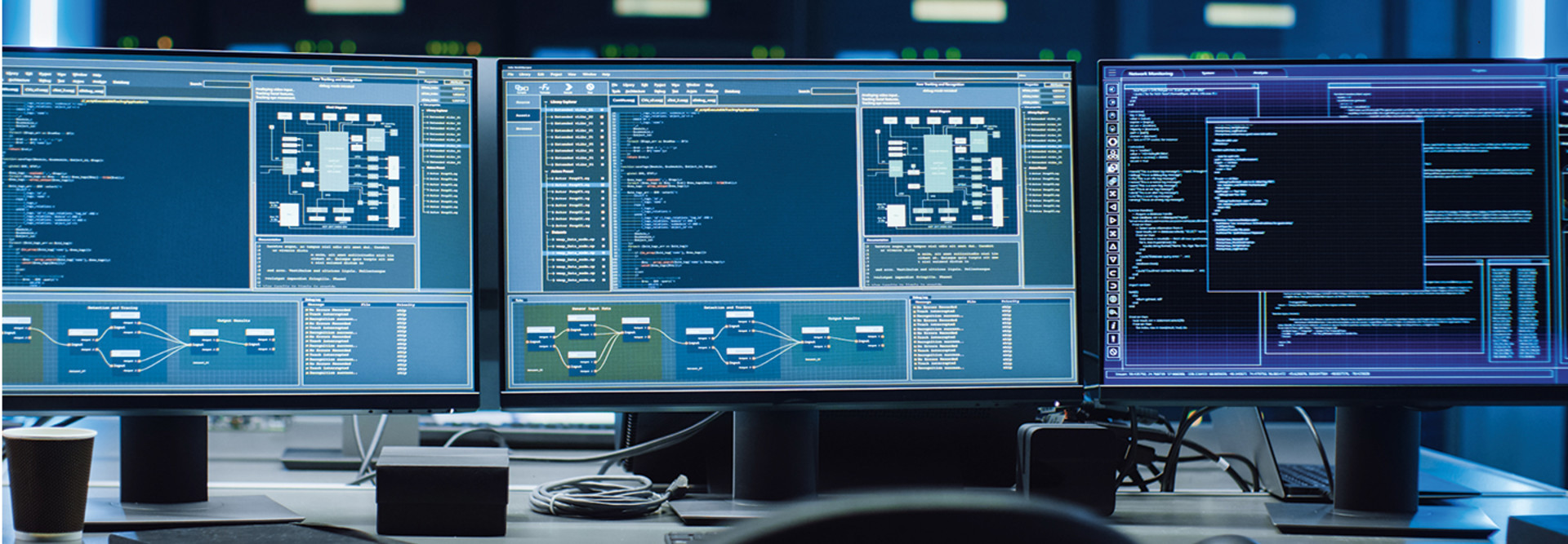 three computer monitors with code