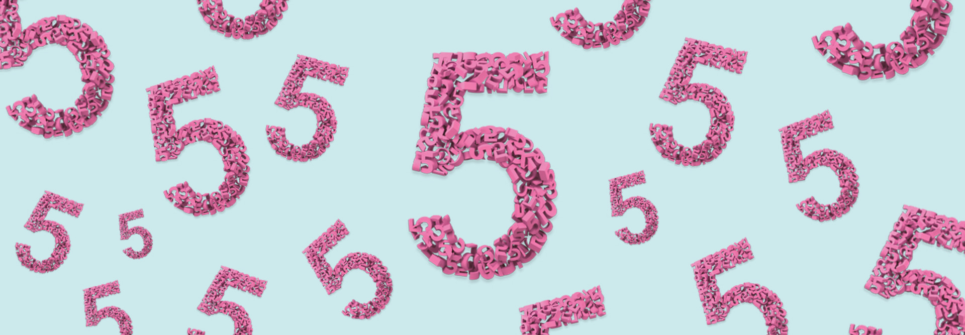 pink fives made of numbers float against blue background