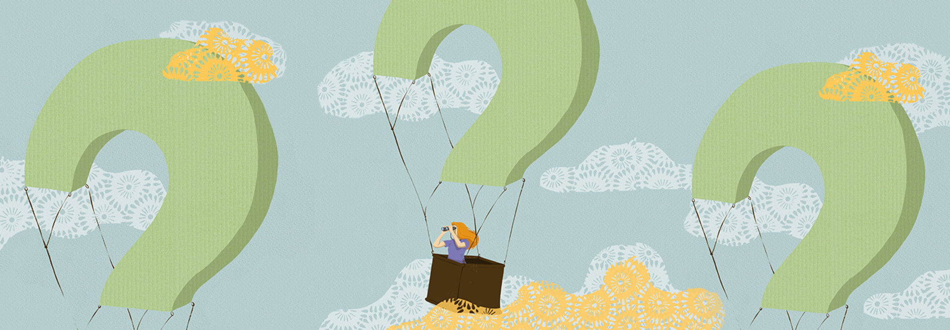 conceptual illustration of question mark hot air balloons in the clouds