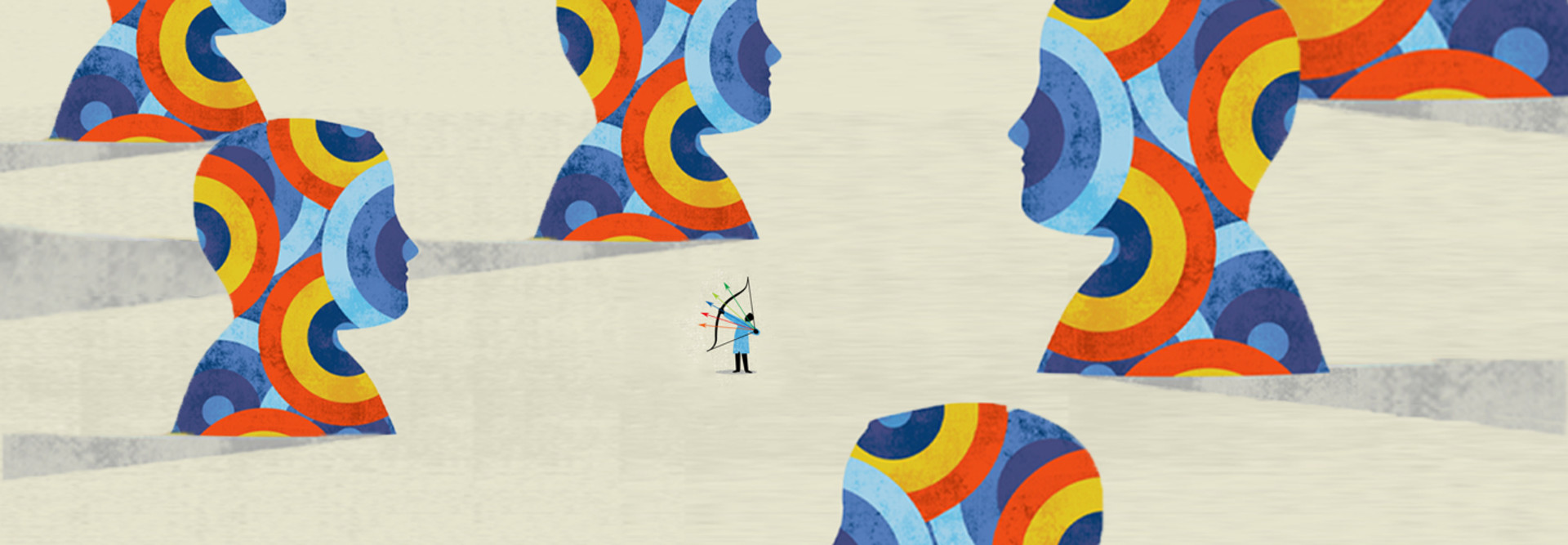 small person with bow and five arrows aims at large silhouettes with targets
