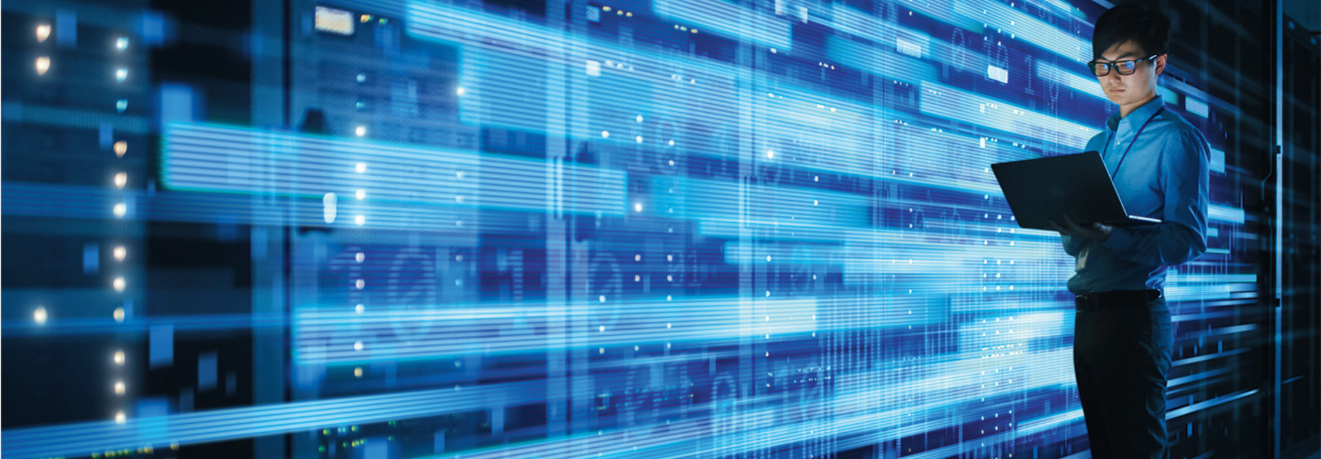 IT worker in data center with high speed concept