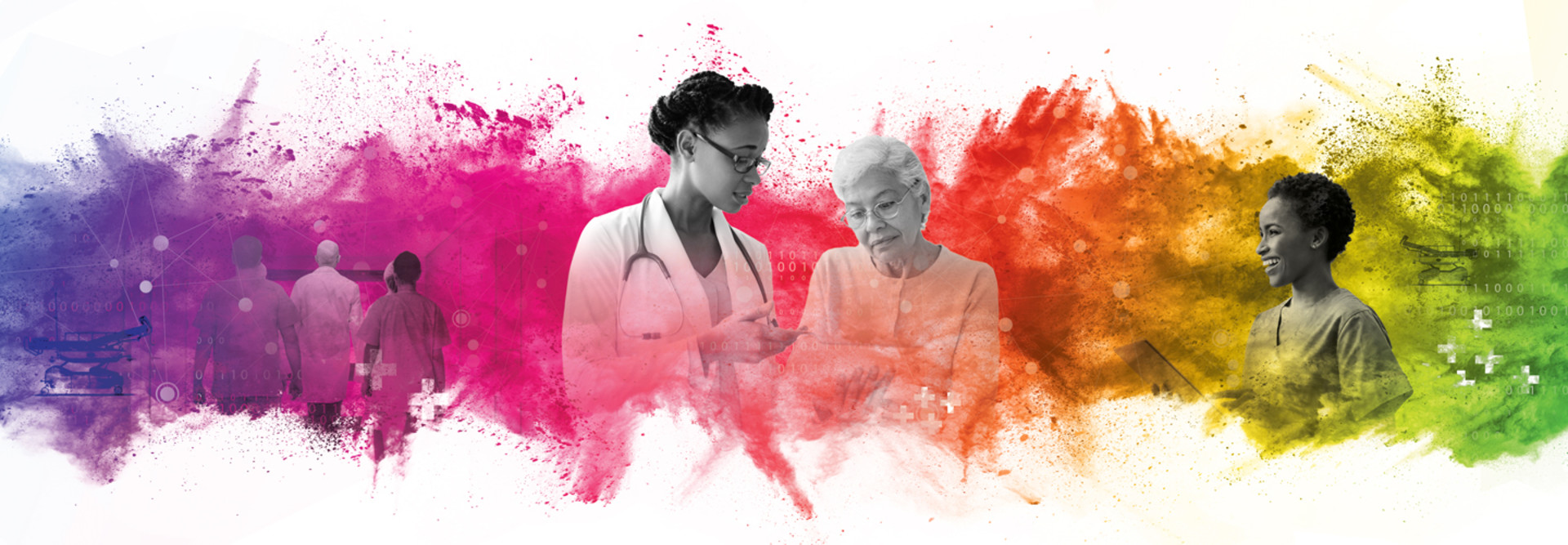 Doctor and patient in front of colorful background