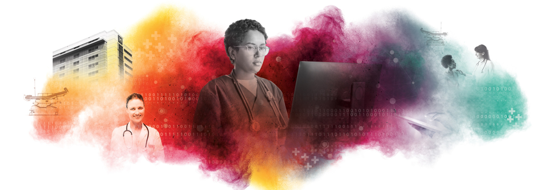 nurse on computer in front of colorful background