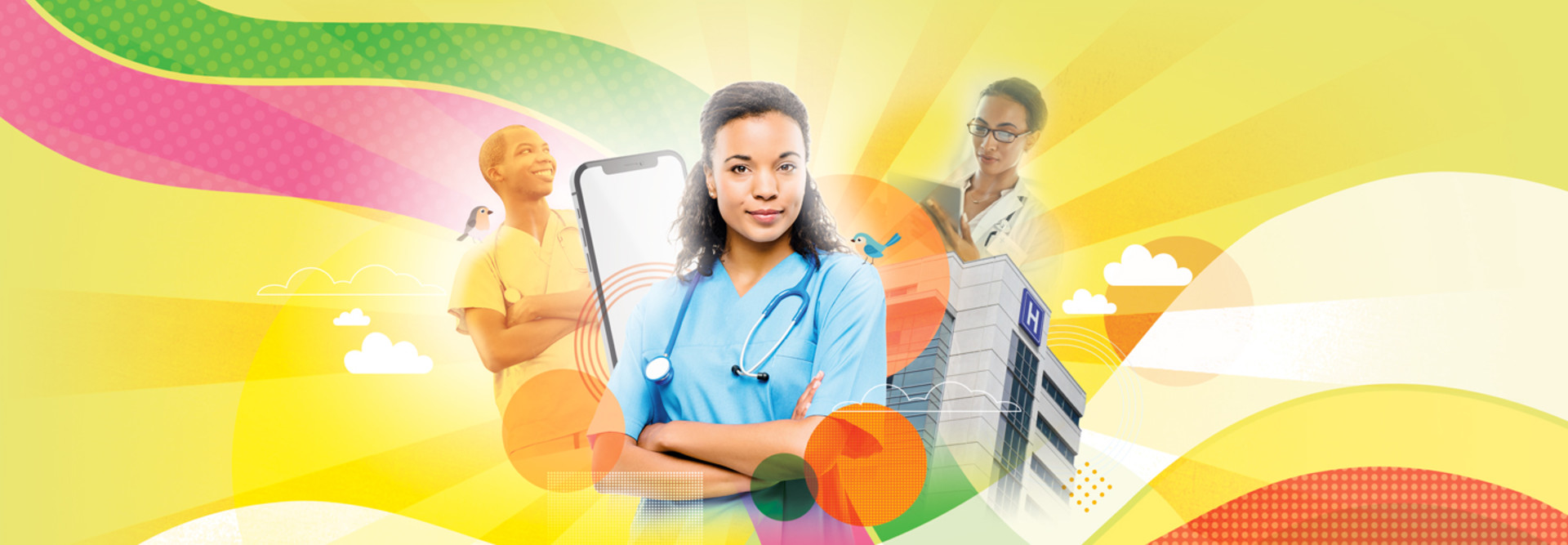 Collage of nurses and doctors surrounding a hospital