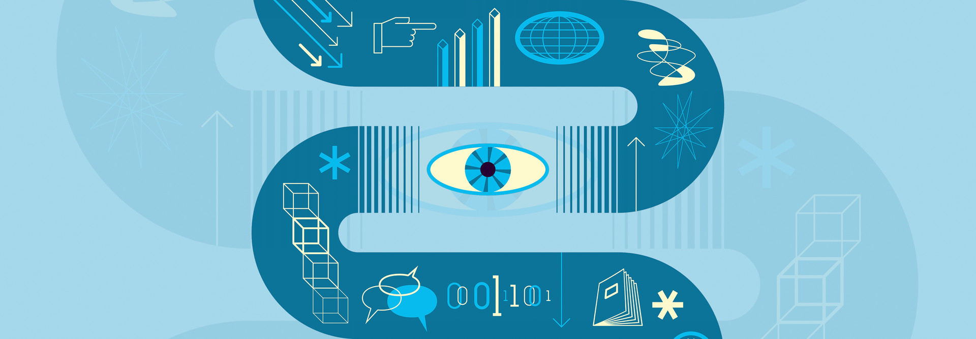 conceptual image of curving shadow with digital icons and an eye
