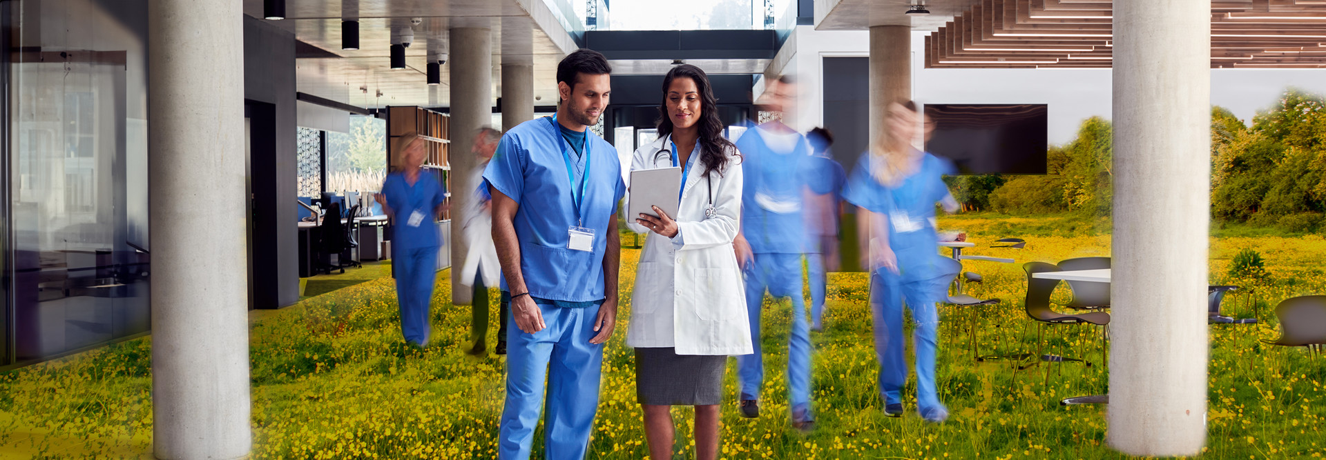 Medical staff collaborating in outdoor setting