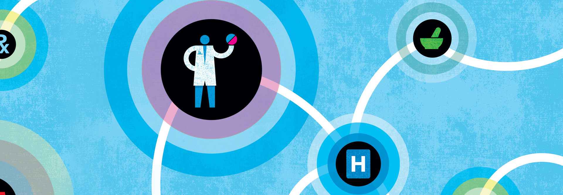 concept art with medical icons inside connected circles