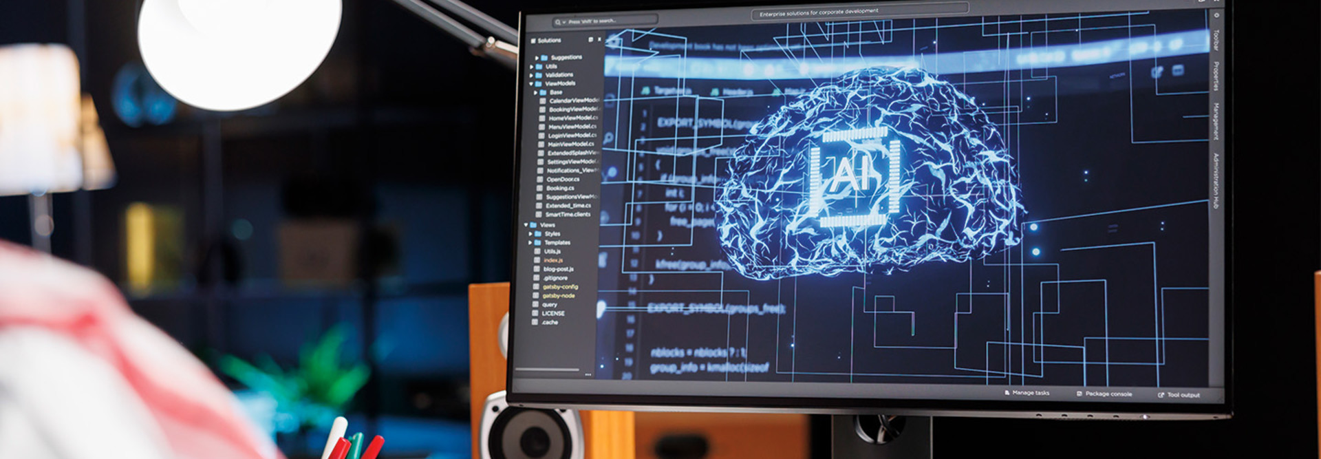 Desktop monitor with brain AI concept