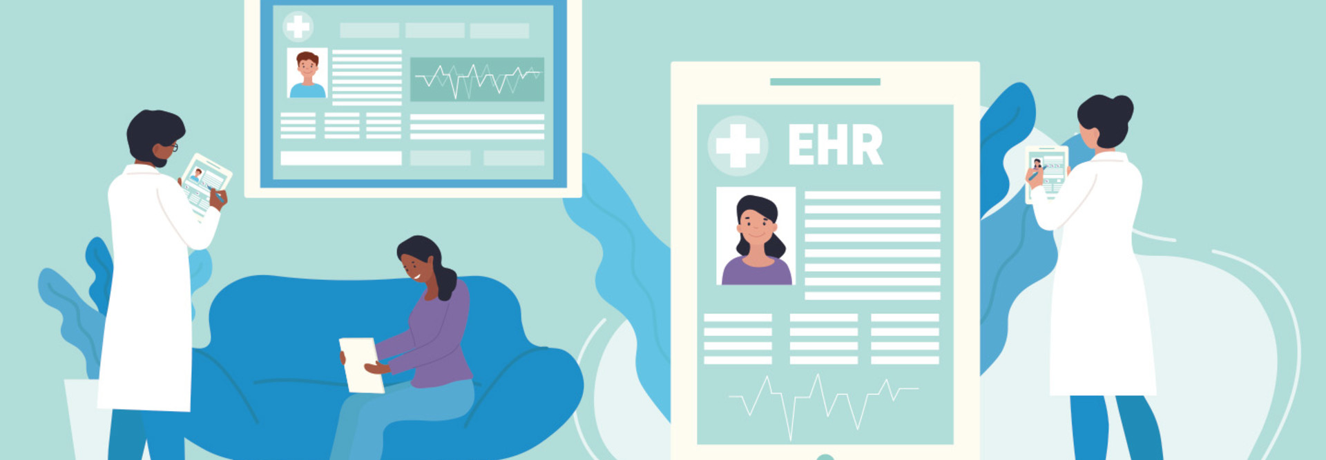 illustration of doctors looking at an electronic health record
