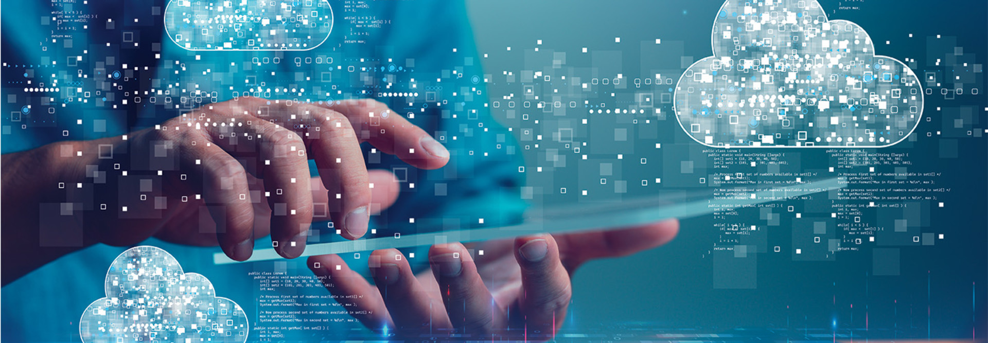 hands holding tablet surrounded by digital cloud illustrations