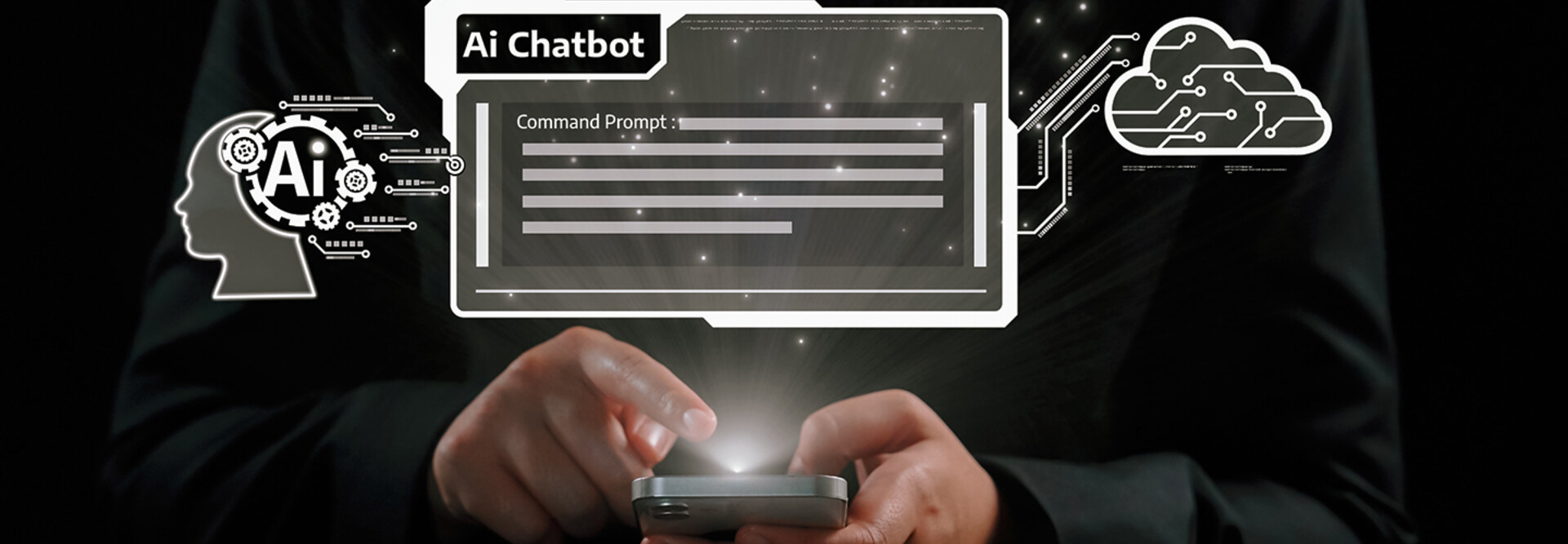 AI chatbot concept with chatbox and hand holding phone