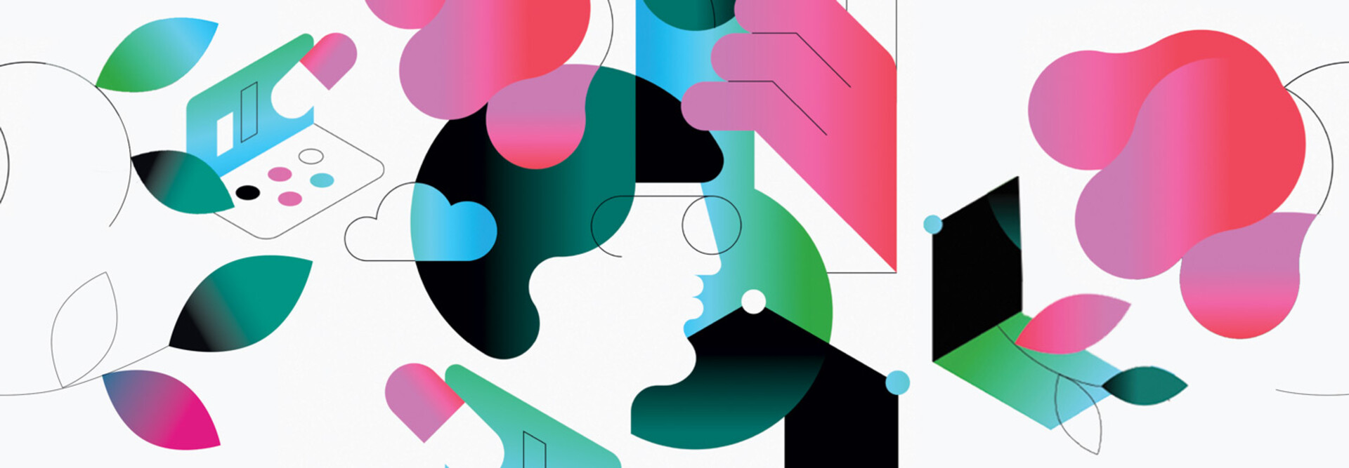 abstract illustration of person using EHR on computer surrounded by flowers and clouds