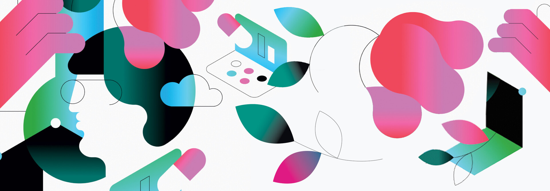 abstract illustration of person using EHR on computer surrounded by flowers and clouds