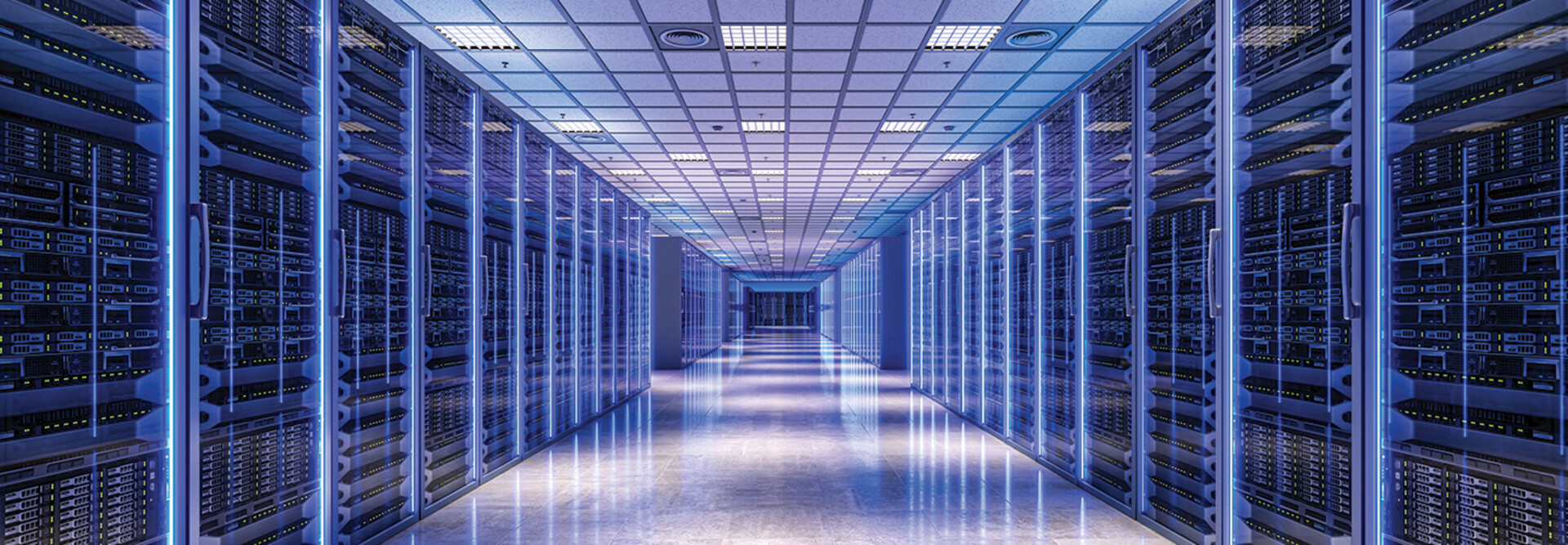 data center room with blue lights
