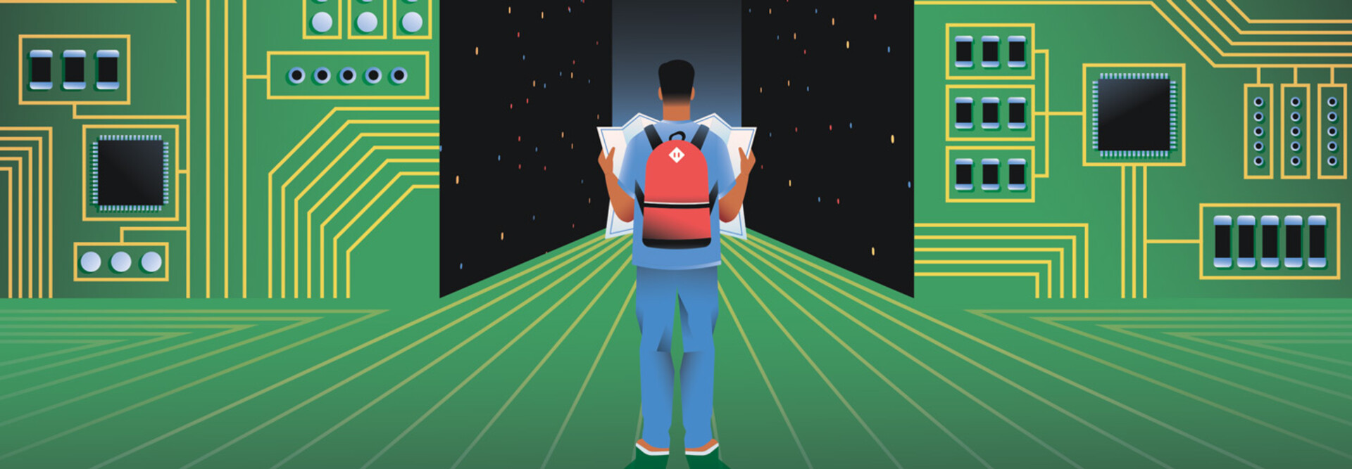 man with map and backpack navigates data center concept