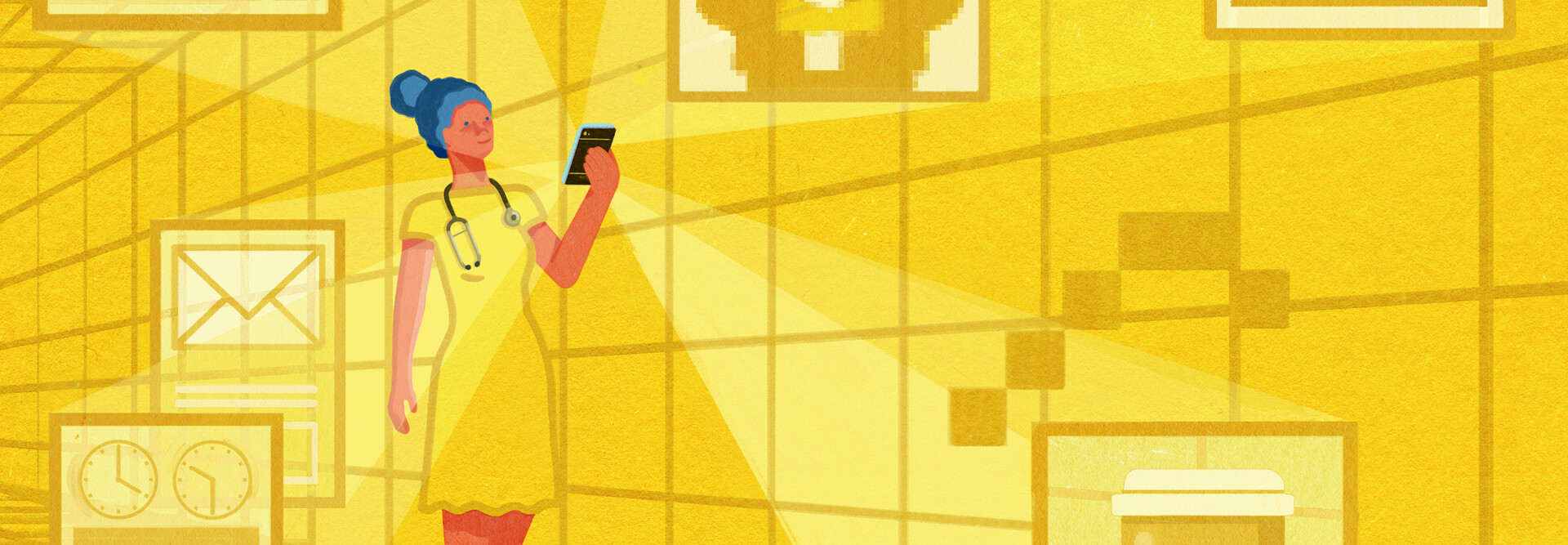 yellow illustration of doctor on cell phone