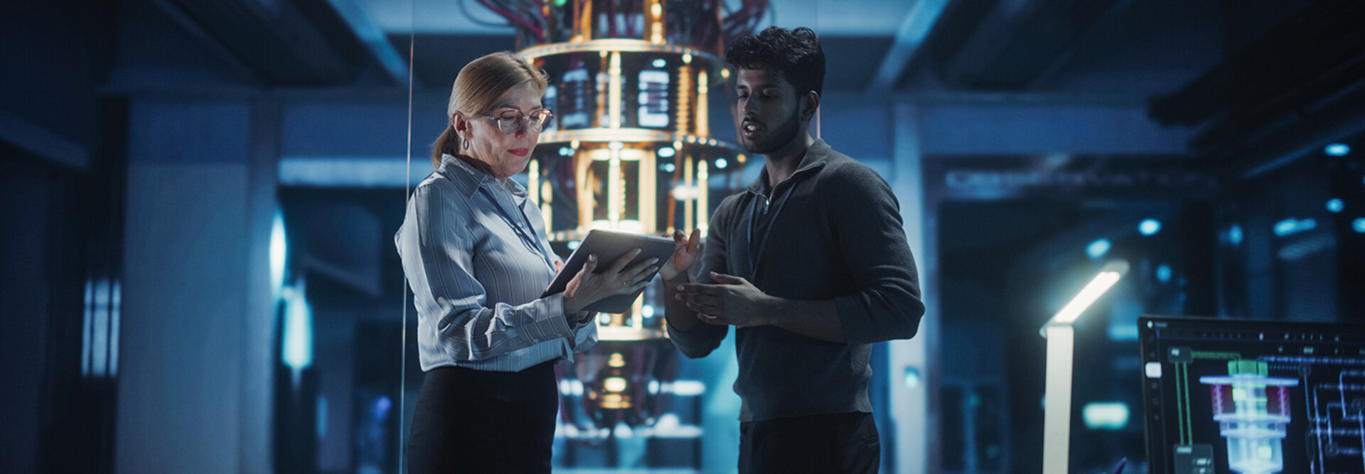 Two people in a tech facility