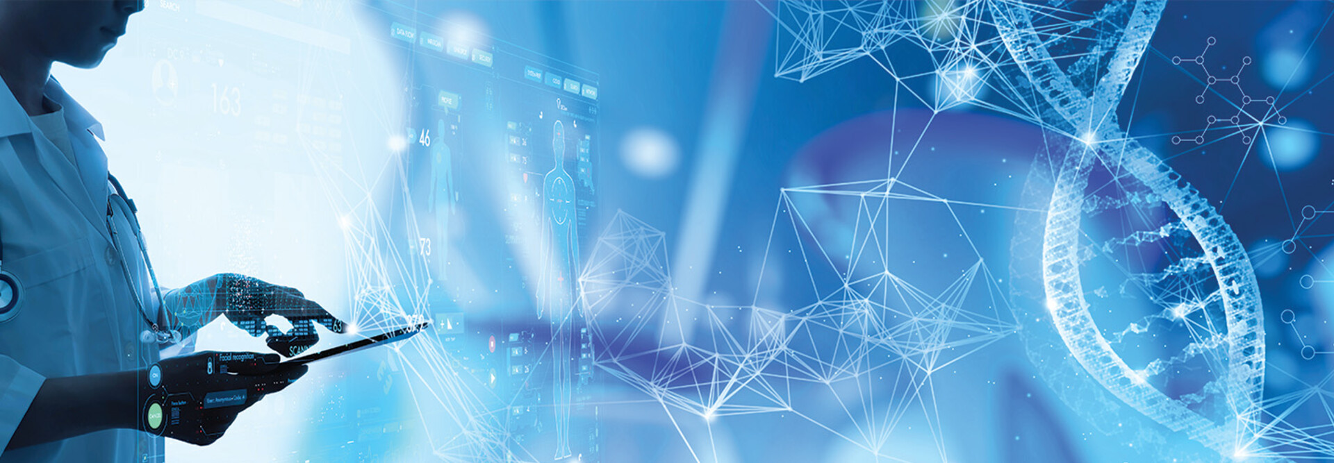 doctor on ipad with abstract networking concept and dna