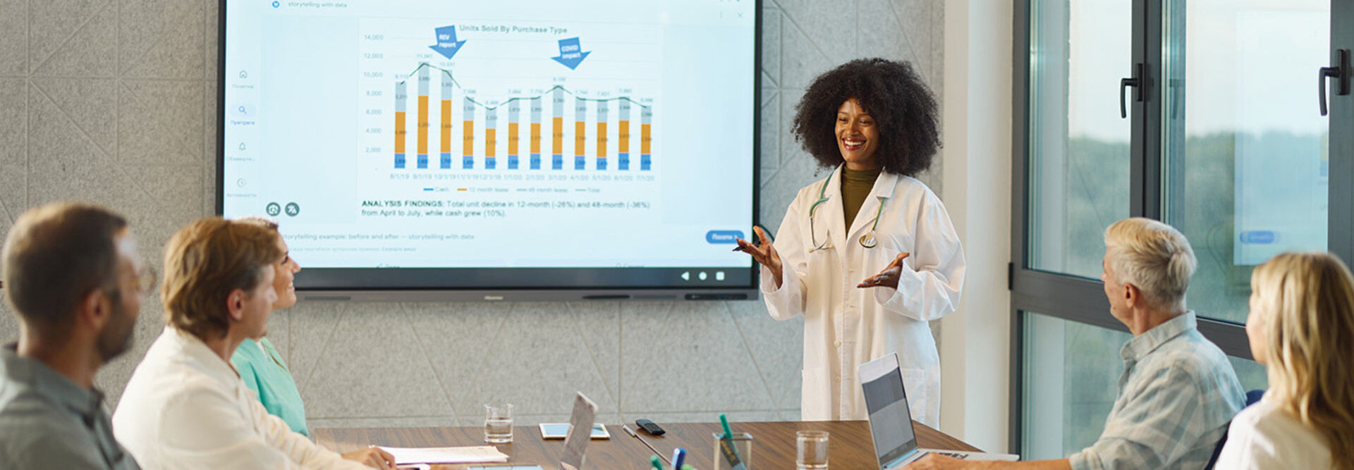 doctor gives presentation in front of chart
