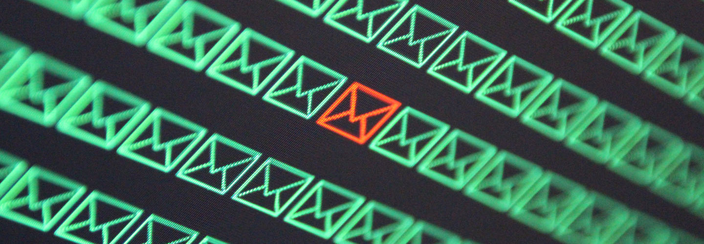 Row of green email icon with one red hacked email icon