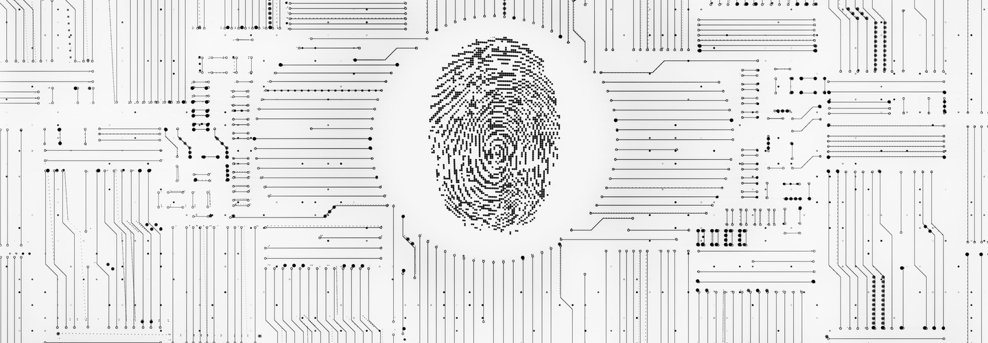 Digital fingerprint ID system with monochrome circuitry background.