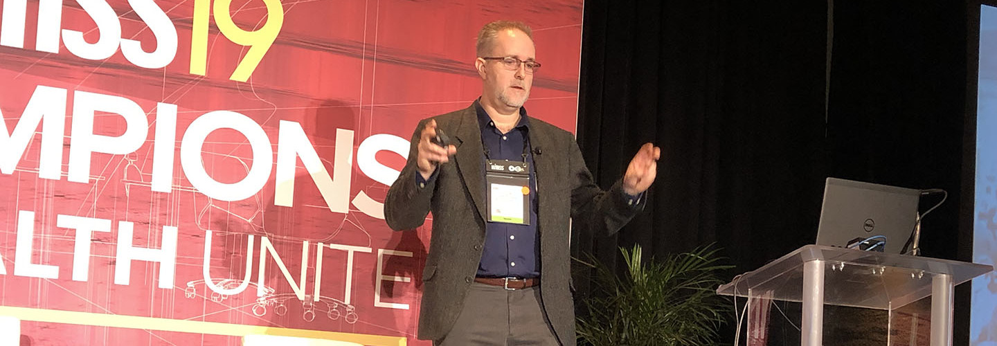David Houlding speaks about blockchain at the HIMSS 2019 conference in Orlando, Fla.