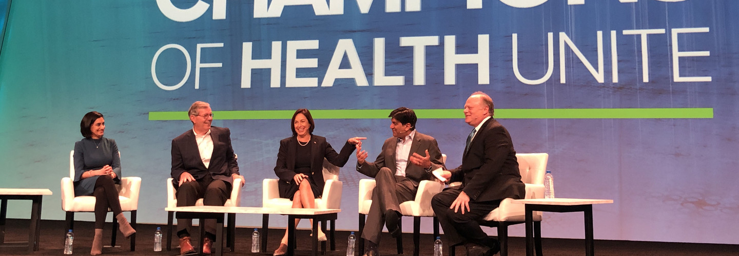 CMS Administrator Seema Verma, Michael Leavitt, Dr. Karen DeSalvo and Aneesh Chopra discuss health data exchange and information blocking at Tuesday’s keynote panel with HIMSS President and CEO Hal Wolf III.