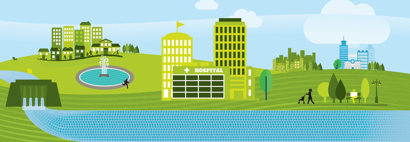 illustration of town with hospital by a river of data