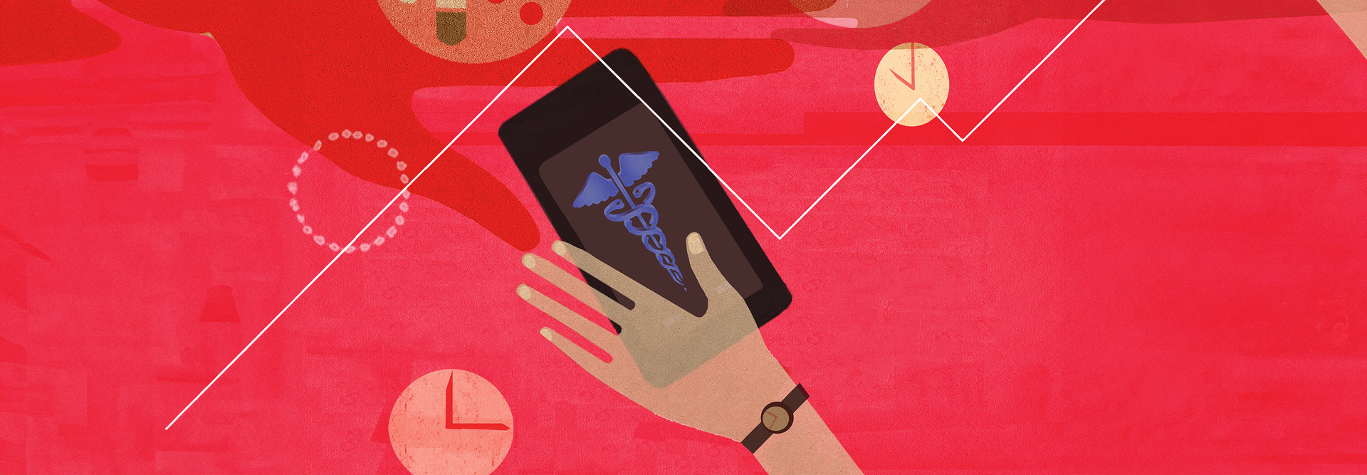 illustration of hand holding phone against red background