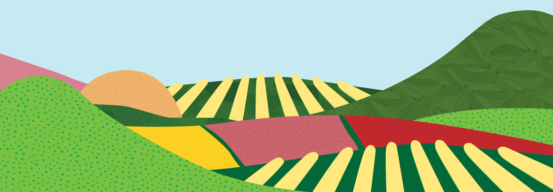 illustration of colorful hills and farms