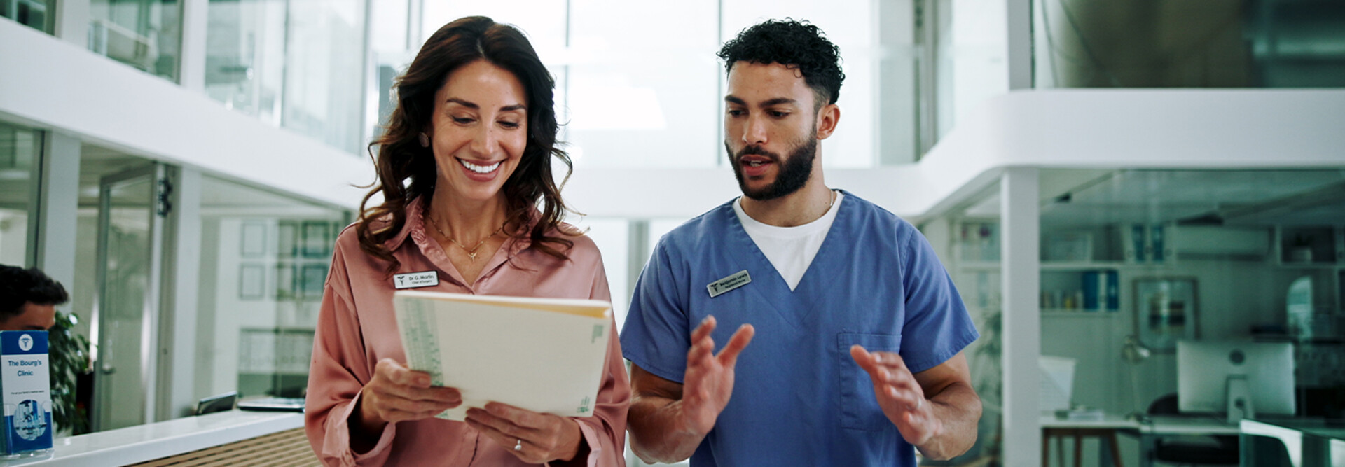 Hospital chief, teamwork and planning with doctor