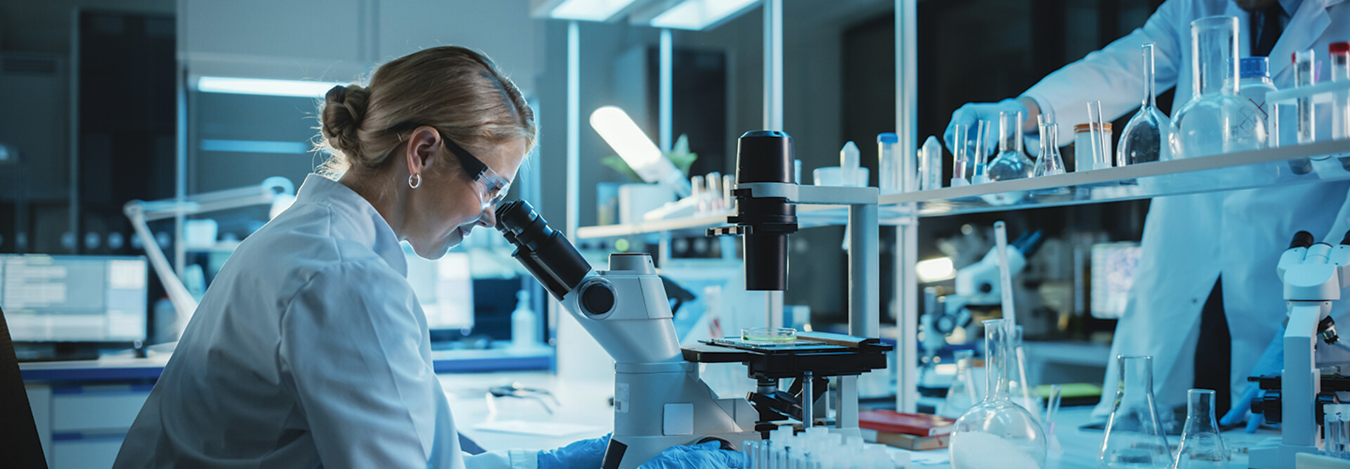 scientist looks through microscope in lab