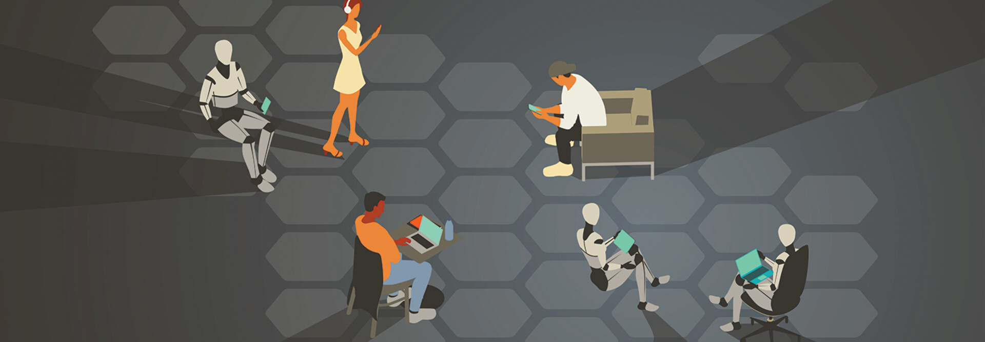 Group of humans and robots accessing a network