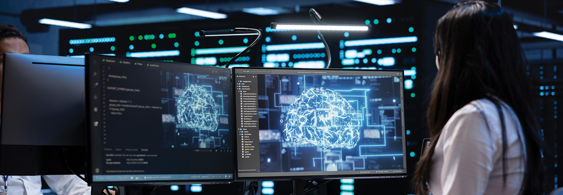 women on computer with digital brain