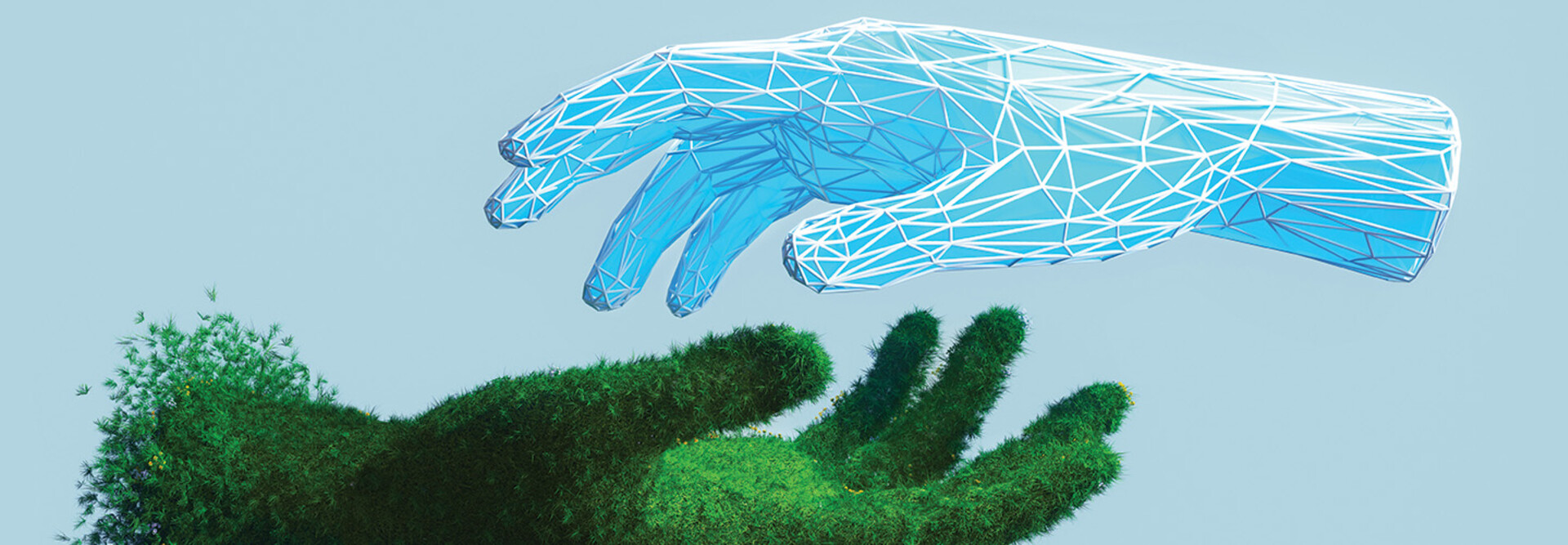 illustration of green hand and digital hand opposed
