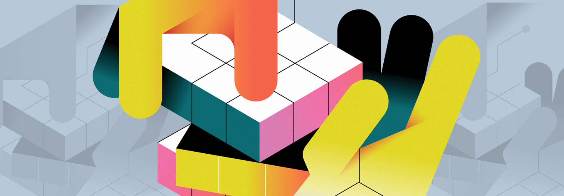 illustration of hands moving a rubix cube